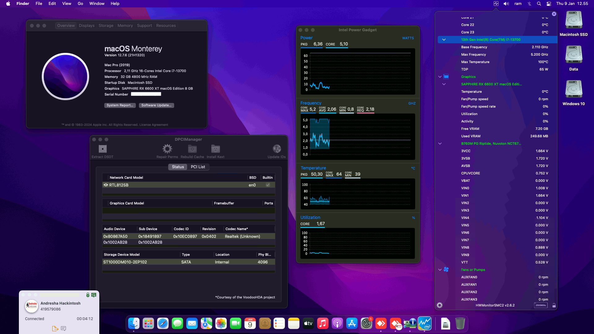 Success Hackintosh macOS Monterey 12.7.6 Build 21H1320 in Asrock B760M PG Riptide + Intel Core i7 13700 + Sapphire RX 6600 XT